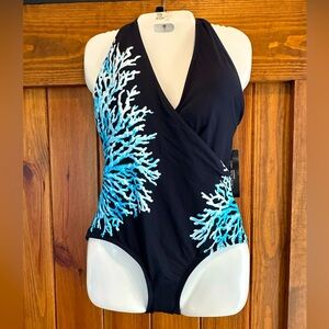 Carmen Mark Valvo Deep Ocean Printed Halter One Piece Swimsuit Size 12 NWT